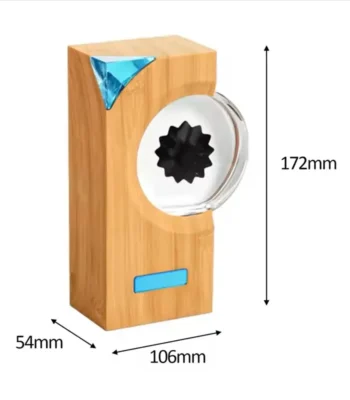Elegant wooden Newton's Cradle with blue accents, measuring 172mm in height, 106mm in width, and 54mm in depth, perfect for science decor and educational demonstrations.