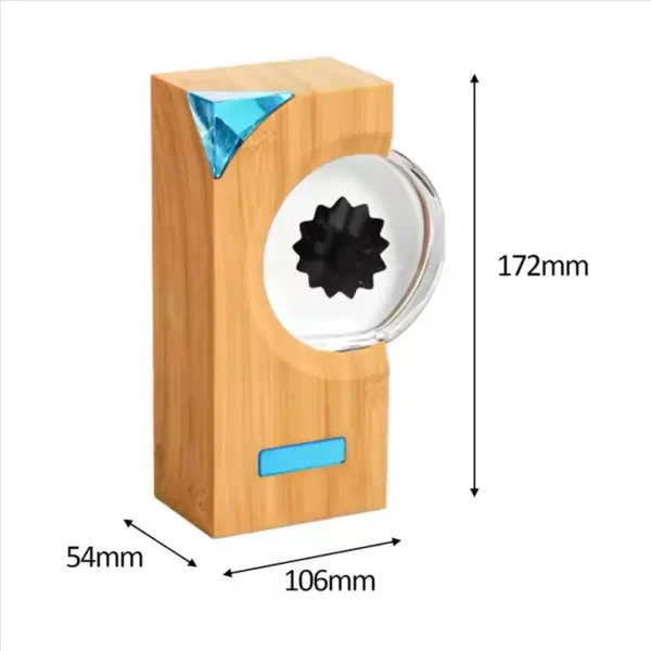 Elegant wooden Newton's Cradle with blue accents, measuring 172mm in height, 106mm in width, and 54mm in depth, perfect for science decor and educational demonstrations.