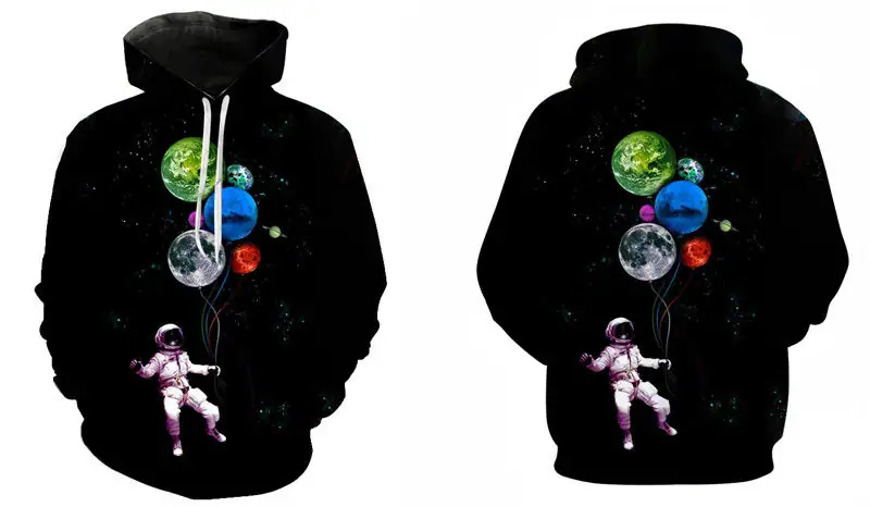 Science Gadgets | Science Decor & Educational Toys Shop A hoodie featuring a space-themed design with planets and an astronaut holding balloons, perfect for science enthusiasts and educational decor.