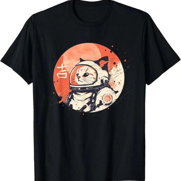 Space-themed cat wearing an astronaut helmet on a black T-shirt, with a large orange moon in the background and artistic splashes.
