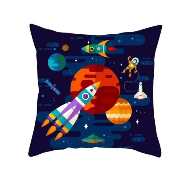 Colorful space exploration illustration featuring rockets, planets, and astronauts on a dark background.