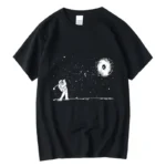 Black T-shirt featuring a white astronaut drawing with a galaxy and stars in the background, perfect for science and space enthusiasts.