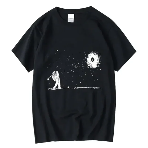 Black T-shirt featuring a white astronaut drawing with a galaxy and stars in the background, perfect for science and space enthusiasts.