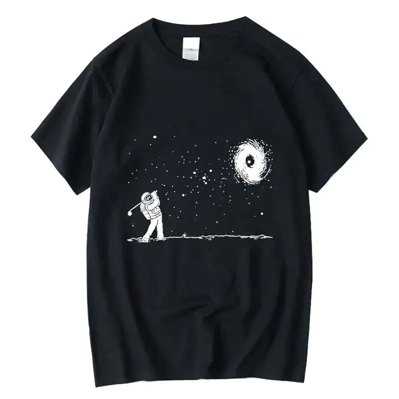 Black T-shirt featuring a white astronaut drawing with a galaxy and stars in the background, perfect for science and space enthusiasts.