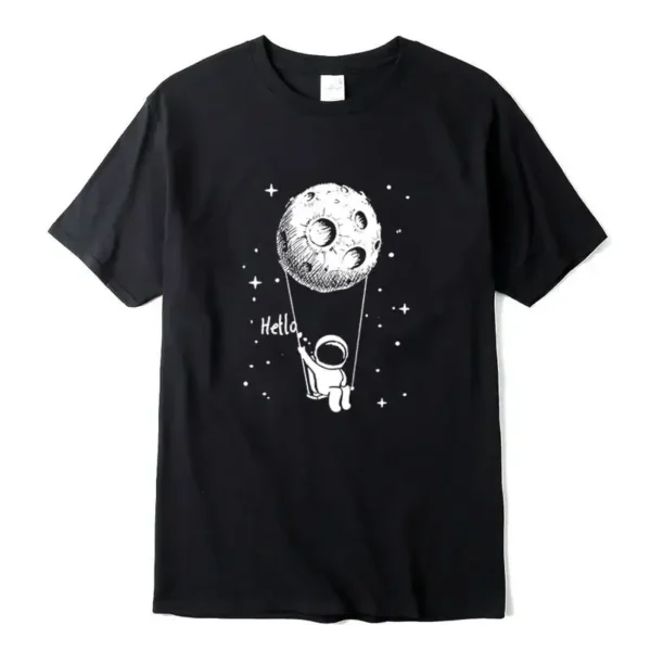 Black T-shirt featuring a playful astronaut swinging from the moon with stars, perfect for science lovers and space enthusiasts.