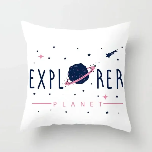 Bright space-themed pillow featuring a planet with rings, stars, and a shooting star, perfect for children's rooms or educational spaces.