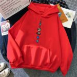 Bright red hoodie featuring a colorful printed solar system design down the front, perfect for science enthusiasts and casual wear.