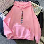 A pink hoodie with a vibrant planetary graphic design down the front, showcasing planets of different sizes and colors, ideal for science lovers and casual fashion.