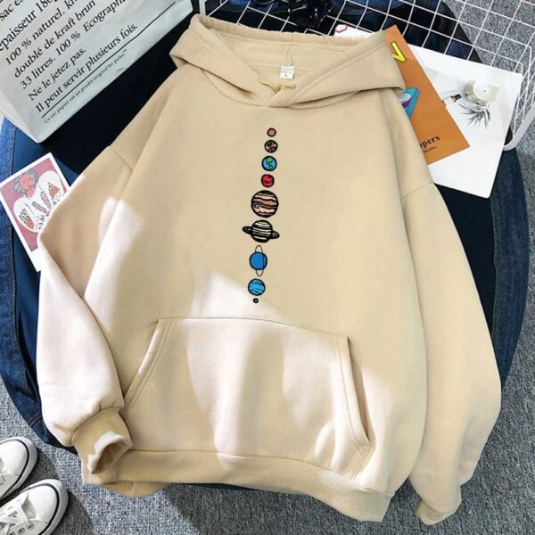 Space-themed hoodie featuring colorful planets and celestial illustrations on the front, perfect for science enthusiasts and astronomy lovers.