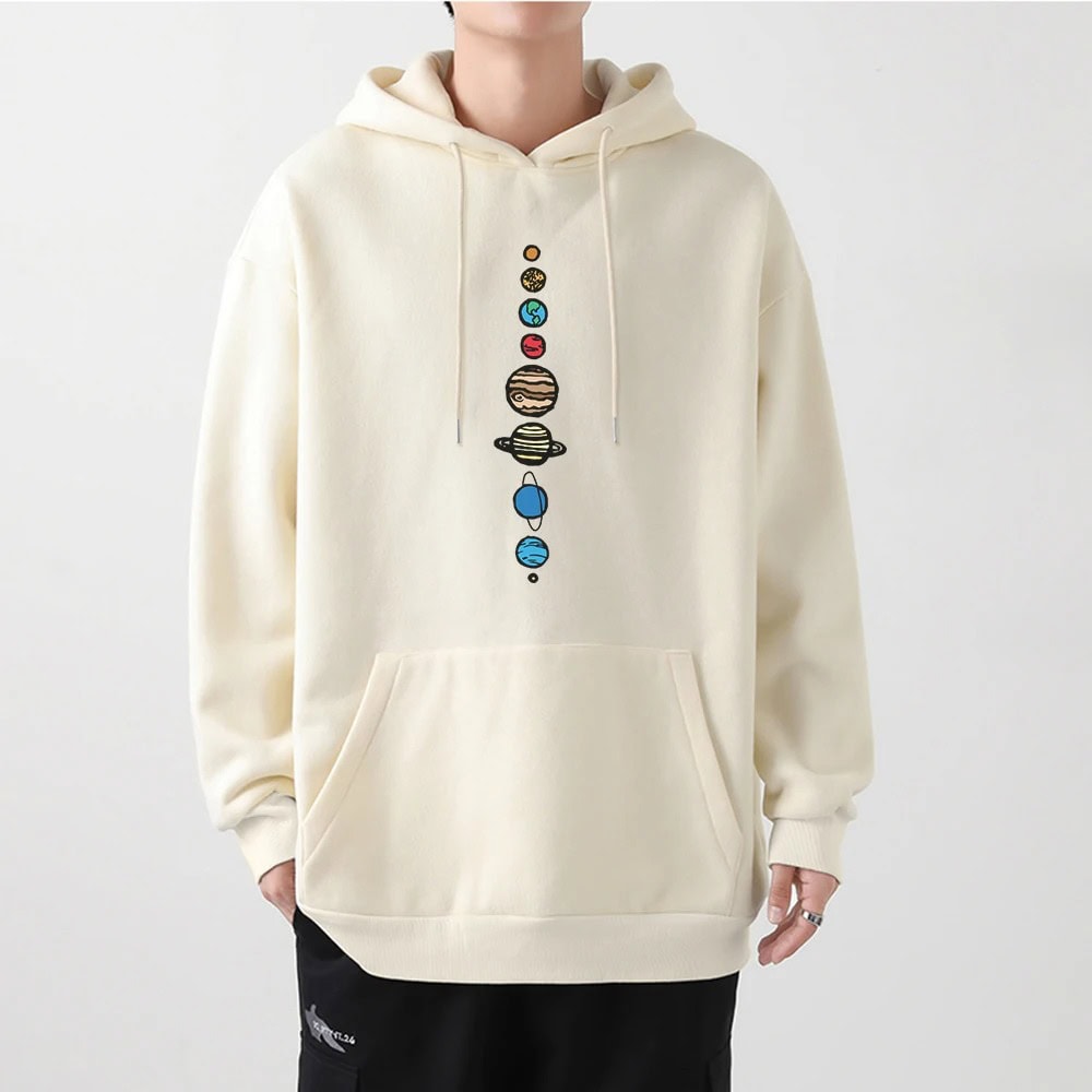 Cozy cream hoodie featuring a colorful solar system design with planets and stars, perfect for science enthusiasts and casual wear.