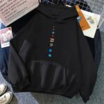 Hooded black sweatshirt featuring a vertical row of vibrant planetary symbols, perfect for science enthusiasts and casual wear.