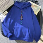 Bright blue hoodie featuring a colorful solar system design down the front.