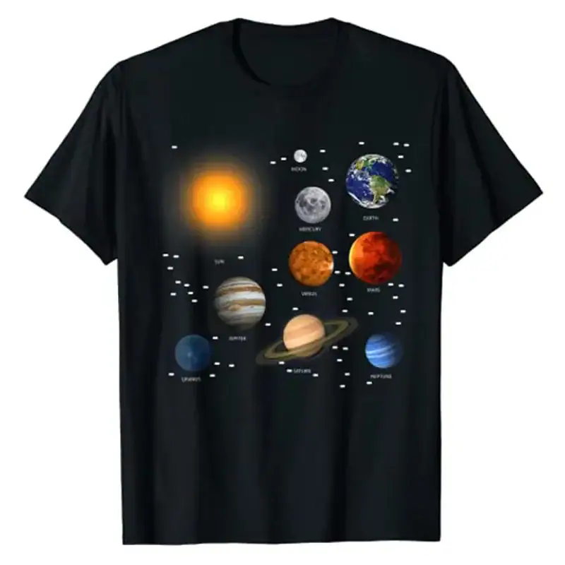 T-shirt featuring a colorful illustration of the Sun and the eight planets of the solar system, including Earth, Mars, Jupiter, and Saturn, on a black background.