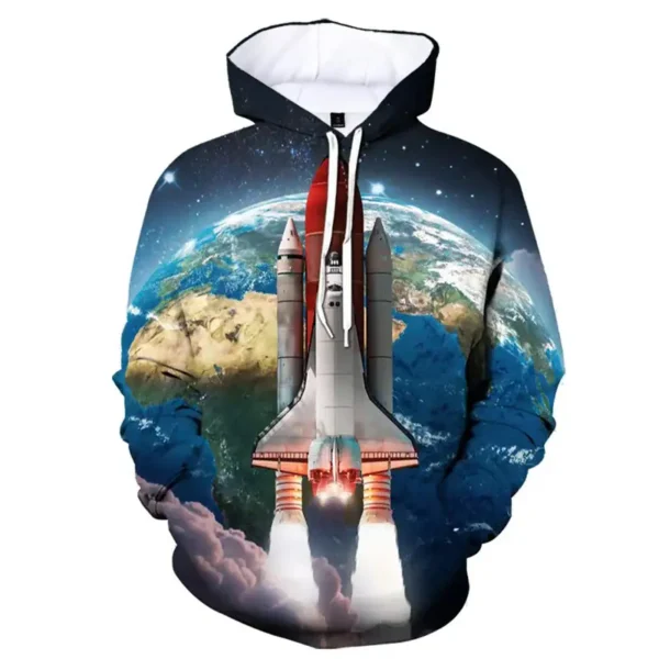 High-quality space-themed hoodie featuring a detailed image of a space shuttle launching above Earth. Perfect for science enthusiasts and space lovers.