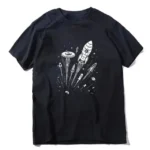 Rocket and UFO space graphic T-shirt for kids and adults, black casual wear.