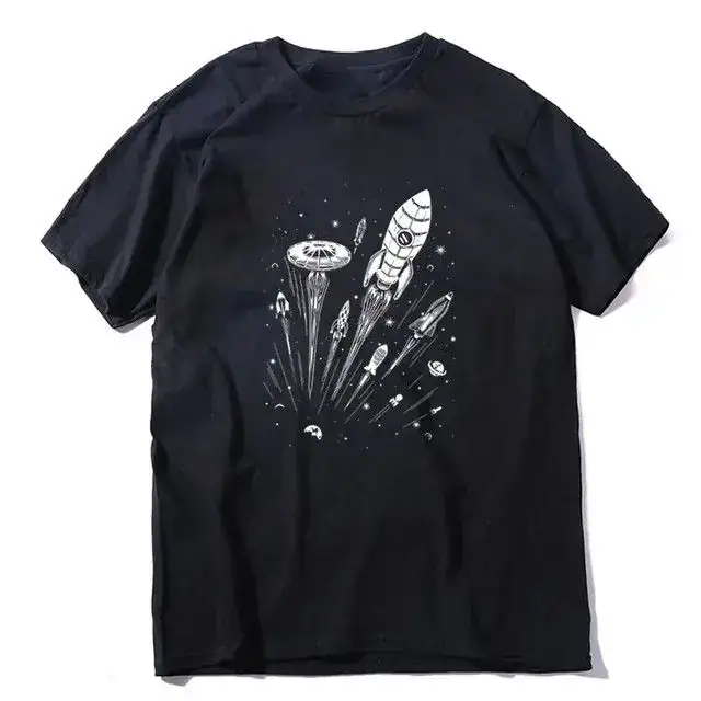 Rocket and UFO space graphic T-shirt for kids and adults, black casual wear.
