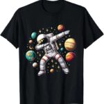 An astronaut dabbing in space surrounded by planets and stars, featuring a fun and educational design for science enthusiasts.