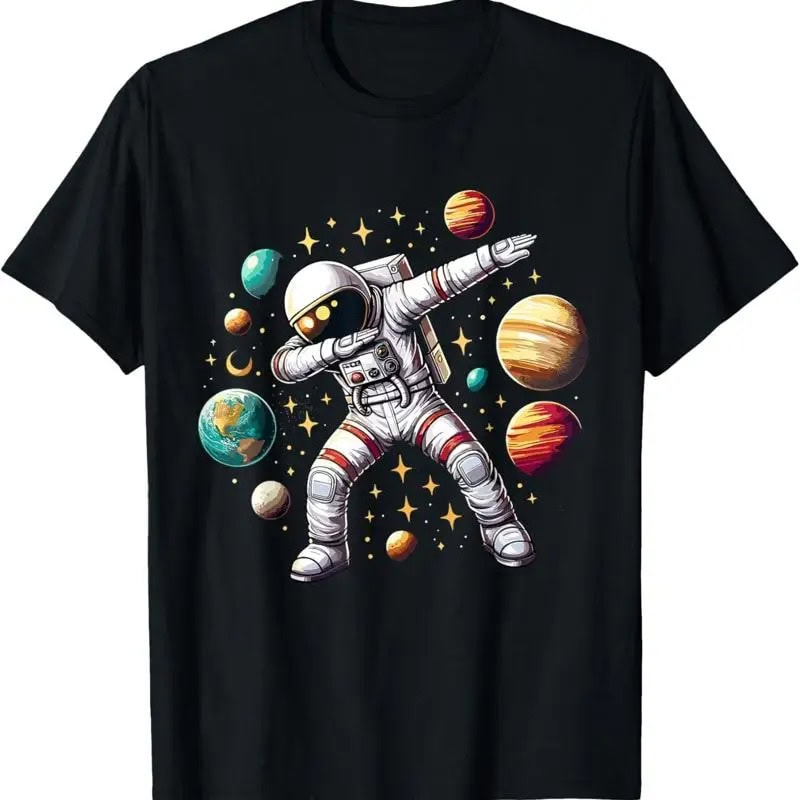 An astronaut dabbing in space surrounded by planets and stars, featuring a fun and educational design for science enthusiasts.