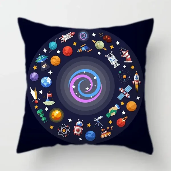 Colorful space-themed science decor pillow with planets, rockets, satellites, and stars.