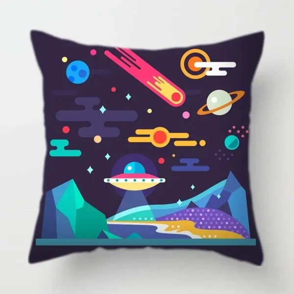 Colorful space-themed decorative pillow featuring planets, UFOs, and stars against a dark background, perfect for science enthusiasts and educational decor.