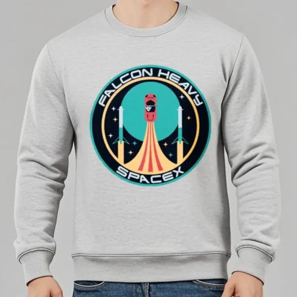 Comfortable grey sweatshirt featuring a colorful Falcon Heavy SpaceX rocket launch graphic, perfect for science enthusiasts and space fans.