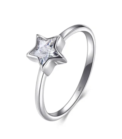 Elegant silver ring featuring a star-shaped design with a sparkling crystal center, perfect for jewelry enthusiasts and gift-givers.