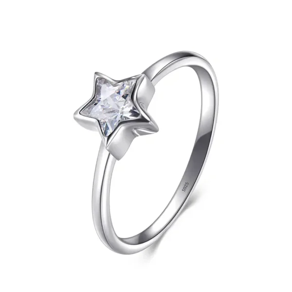 Elegant silver ring featuring a star-shaped design with a sparkling crystal center, perfect for jewelry enthusiasts and gift-givers.