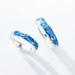 Blue wave-patterned silver rings, science-inspired jewelry for science enthusiasts.