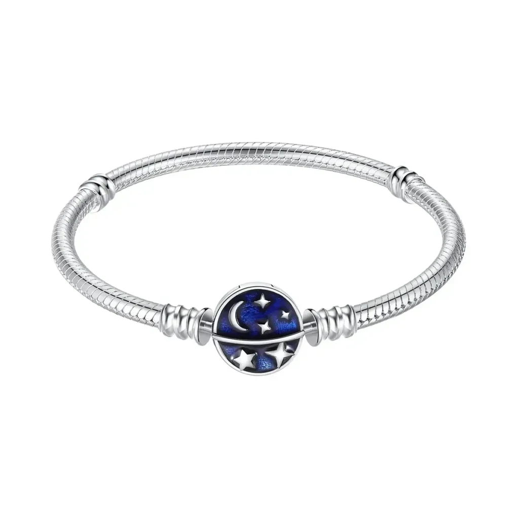 Elegant silver bracelet featuring a celestial-themed charm with stars and moon design, perfect for science and astronomy enthusiasts.