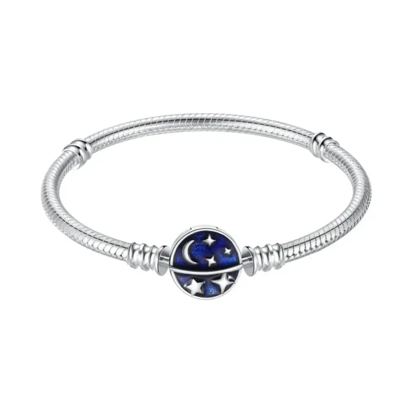 Elegant silver bracelet featuring a celestial-themed charm with stars and moon design, perfect for science and astronomy enthusiasts.