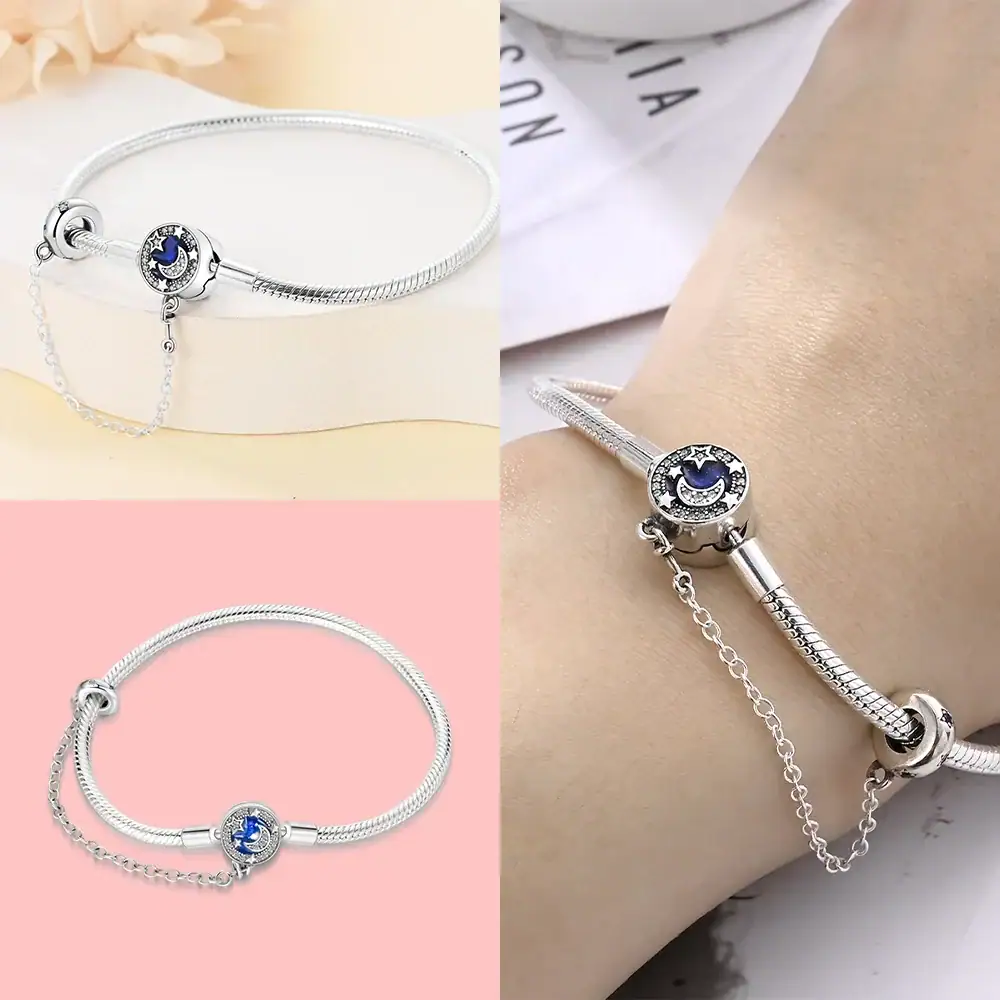 Elegant silver bracelet featuring a celestial starry night charm with blue and white accents, perfect for jewelry and fashion accessories.