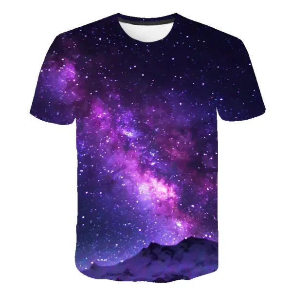 Vibrant galaxy print T-shirt featuring a starry night sky and mountain silhouette, perfect for science and space enthusiasts.