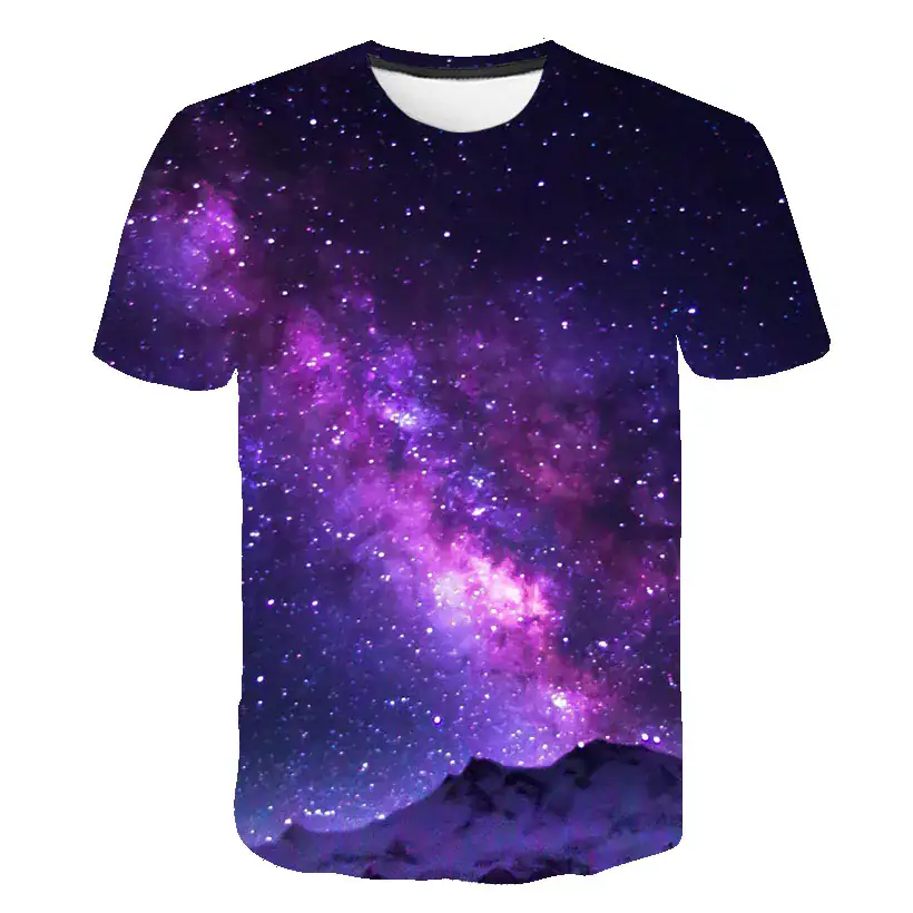 Vibrant galaxy print T-shirt featuring a starry night sky and mountain silhouette, perfect for science and space enthusiasts.