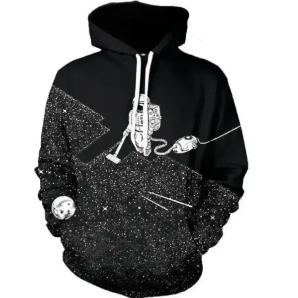 Astronomy-themed hoodie with space and satellite design.