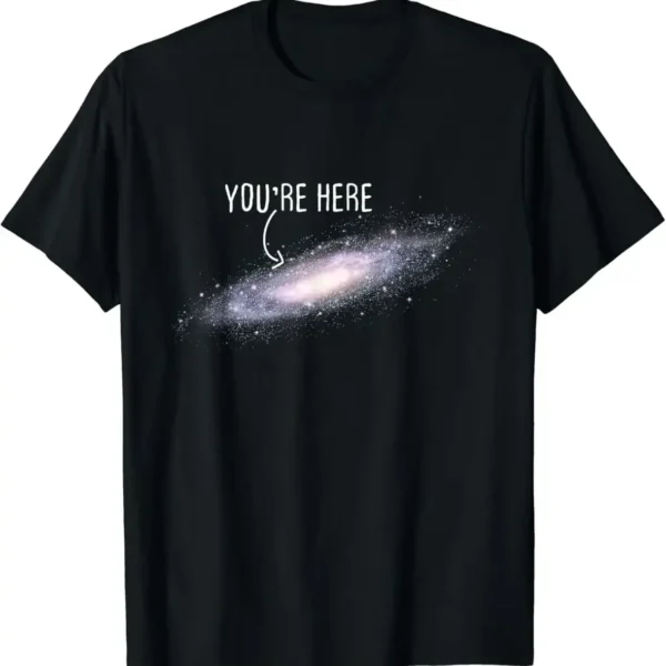 Galaxy T-Shirt with "You're Here" Text - Space-themed casual wear featuring a galaxy illustration and humorous message. Perfect for science and space enthusiasts.