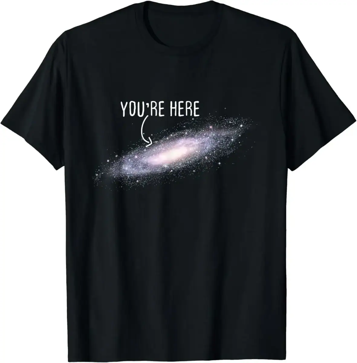 Galaxy T-Shirt with "You're Here" Text - Space-themed casual wear featuring a galaxy illustration and humorous message. Perfect for science and space enthusiasts.