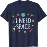 Bright navy blue T-shirt featuring a playful space design with planets, rockets, and astronauts.
