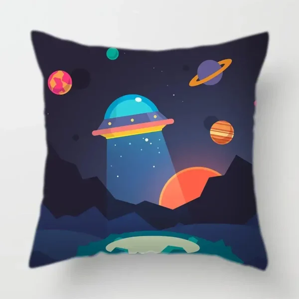 Colorful space-themed UFO pillow featuring planets, stars, and a sunset, perfect for science decor and educational toy enthusiasts.