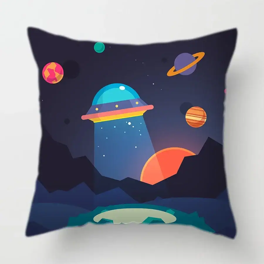 Futuristic Space UFO Pillow Colorful space-themed UFO pillow featuring planets, stars, and a sunset, perfect for science decor and educational toy enthusiasts.