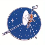 Space-themed satellite toy featuring solar panels, antenna, and a blue background with star patterns, ideal for educational science decor and STEM learning.