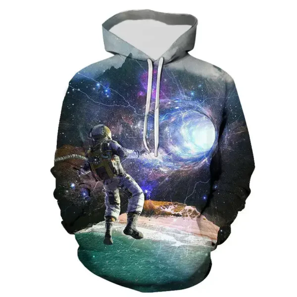 Astronaut exploring a cosmic galaxy on a space-themed hoodie.
