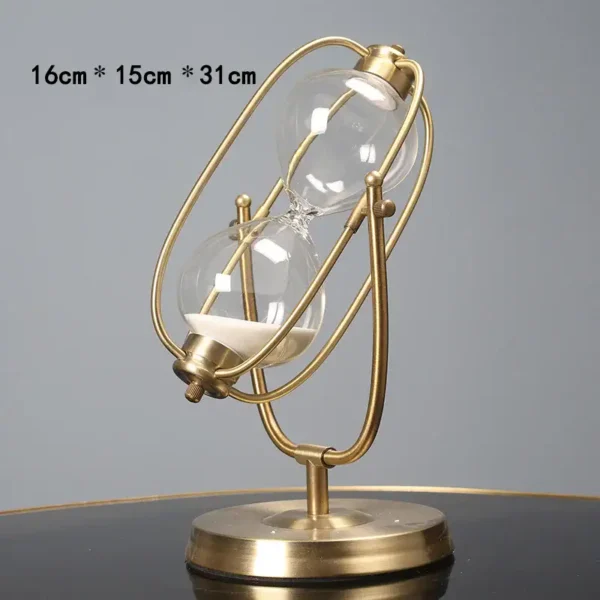 Elegant atomic model hourglass with gold finish, measuring 16cm x 15cm x 31cm, ideal for science-themed decor and educational purposes.