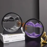 Decorative glass art featuring vibrant mountain landscape scenes in circular frames.