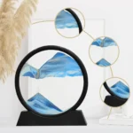 A circular wall art piece featuring a serene mountain landscape with blue and white tones, perfect for science-themed decor or educational settings.