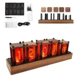 DIY Nixie tube clock kit with wooden base, electronic components, and instructions for assembling a vintage-style digital clock. Perfect for science and electronics enthusiasts.