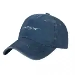 Blue denim-style baseball cap with SpaceX logo embroidered on the front, featuring a curved brim and adjustable strap for a casual, space-themed accessory.