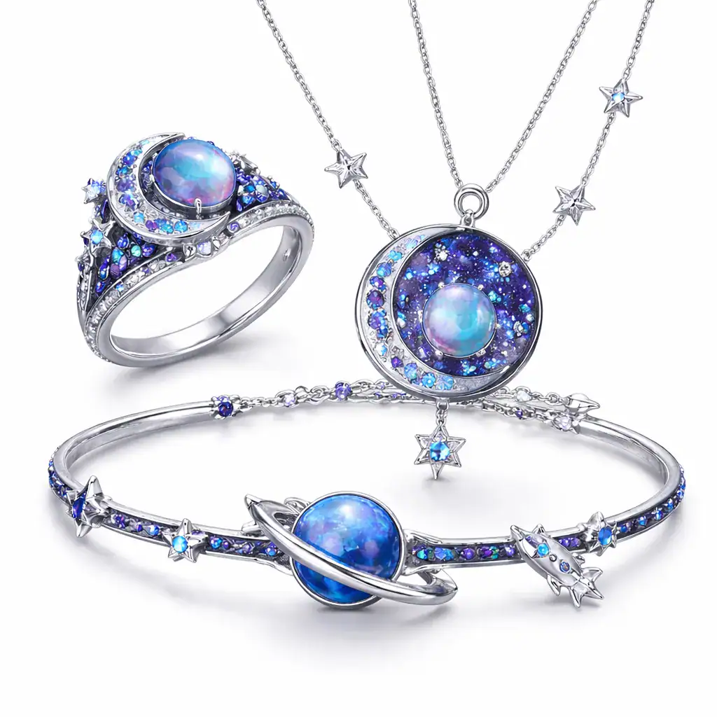 Elegant jewelry set featuring celestial-themed necklace, bracelet, and ring with blue and purple gemstones resembling stars and planets. Perfect for science and space enthusiasts.