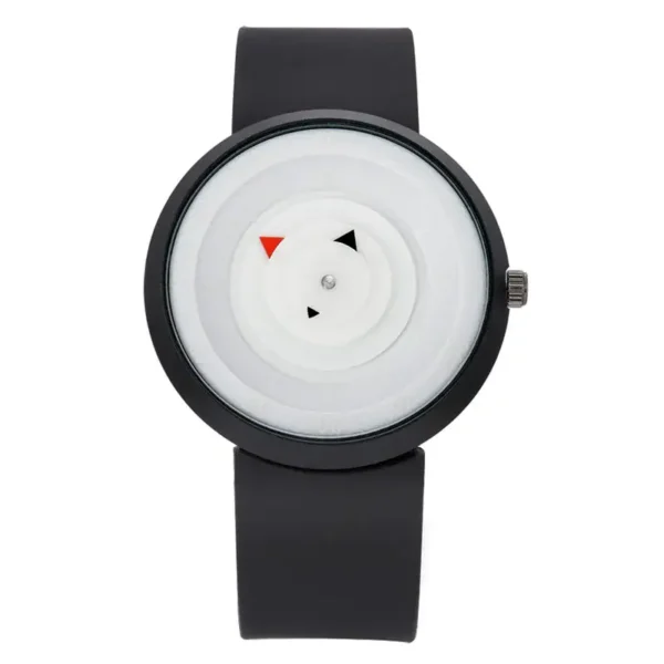 Modern minimalist wristwatch featuring rotating dials with red and black indicators, showcasing a unique and stylish design.
