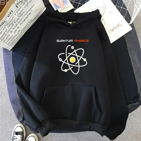 Black hoodie featuring a colorful atomic model graphic and "Quantum Physics" text, perfect for science lovers and students interested in quantum mechanics.