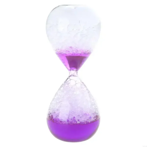 Hourglass with purple liquid and foam bubbles, demonstrating chemical reactions and fluid dynamics.